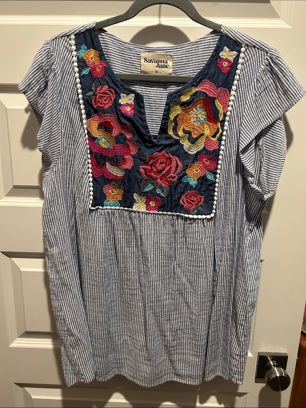 Savanna Jane Navy Floral Embroidered Blue-White Striped Tunic